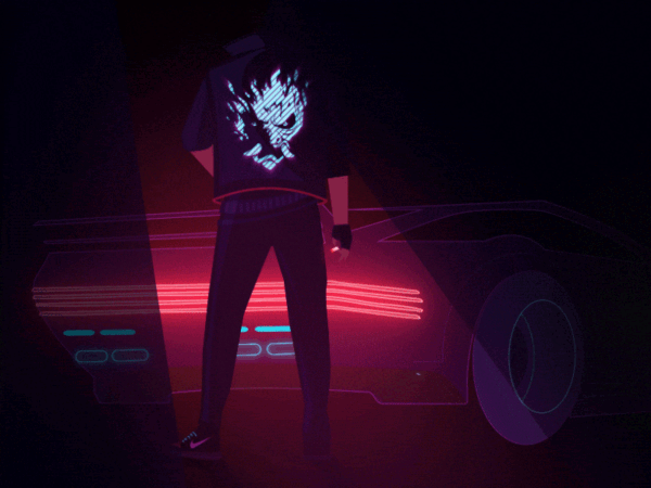 A high-quality animated GIF depicting a scene from Cyberpunk 2077, possibly featuring character expressions or action, perfect for Rule 34 interpretations.